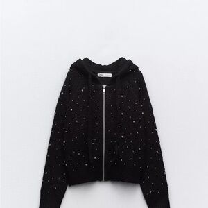 NWOT Zara Black Embellished Zip Up Knit Fuzzy Hoodie